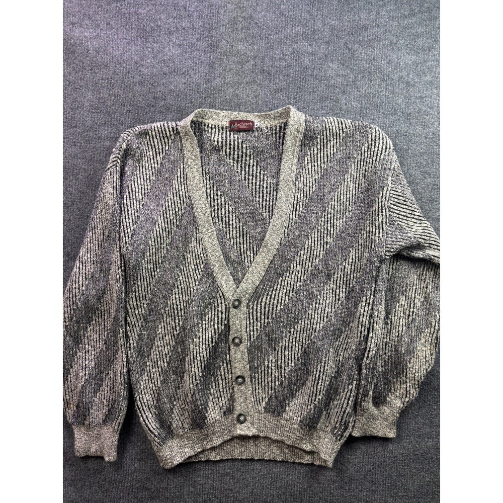 Vintage Bachrach Cardigan Sweater Mens M Grey Black Diagonal Stripe Knit V-Neck
